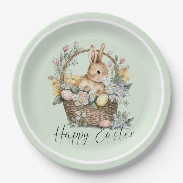 Assiettes En Carton Mint Green Joyeux lapin de Pâques (Devant)