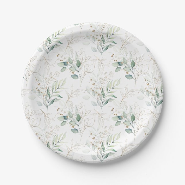 Assiettes En Carton Mint Green Pastel Floral Greenery Motif (Devant)