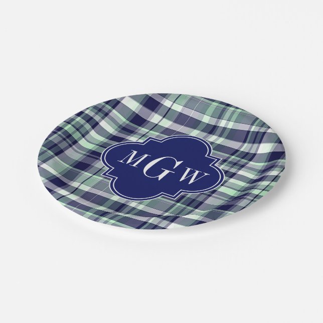 Assiettes En Carton Mint Marine Blanc Preppy Madras Quatrefoil Monogra (Angle)