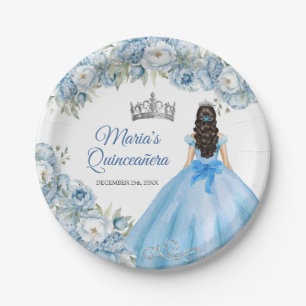 Assiettes En Carton Mis Quince Bleu Floral Argent Couronne Quinceañera