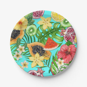 Assiettes En Carton Mix-fruit tropical, fleurs et feuilles en bleu