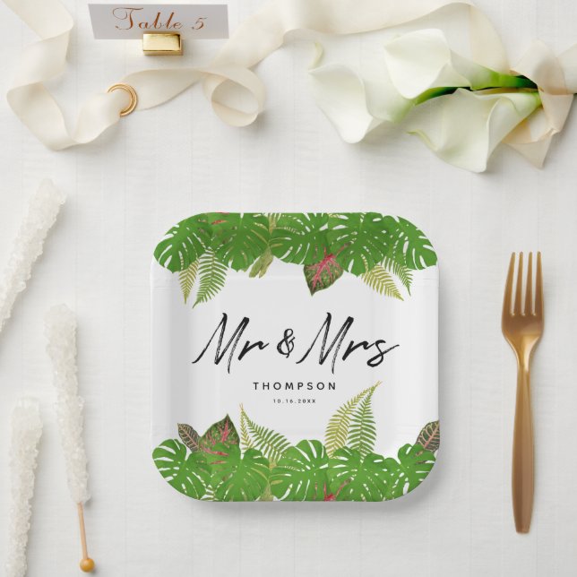 Assiettes En Carton Mme Modern Tropical Feuille Script Mariage (Mariage)