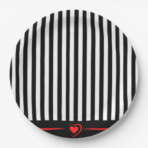 Assiettes En Carton Mod Black & White Stripes avec Bright Red Heart