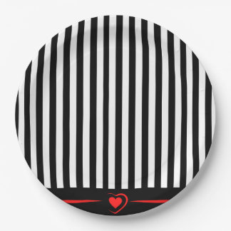 Assiettes En Carton Mod Black & White Stripes avec Bright Red Heart