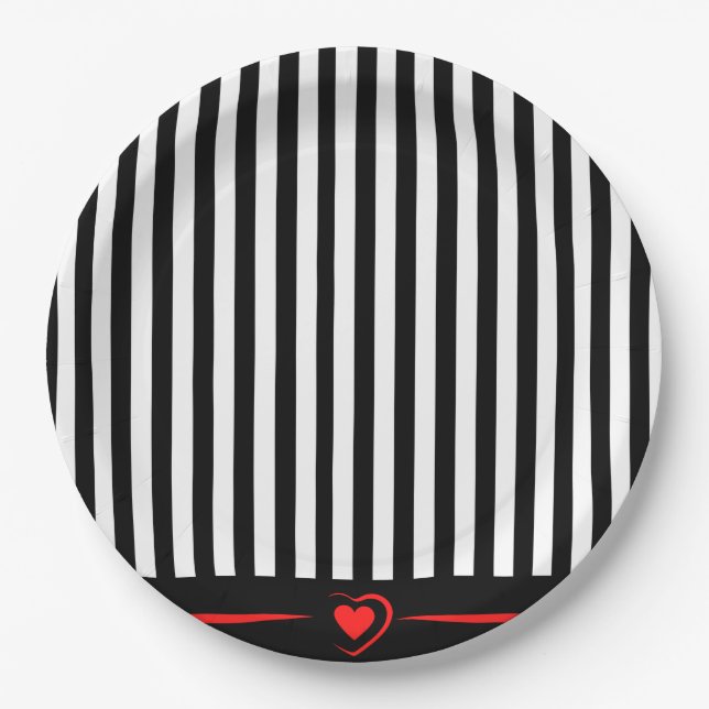 Assiettes En Carton Mod Black & White Stripes avec Bright Red Heart (Devant)