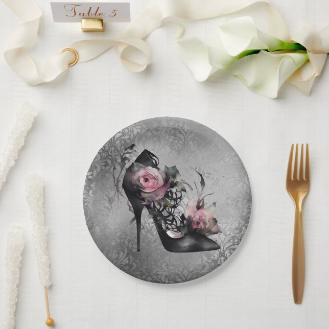 Assiettes En Carton Mode gothique Stiletto talon avec Roses rose mauve (Mariage)