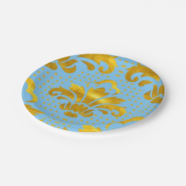Assiettes En Carton Modèle de Damas bleu or (Angle)