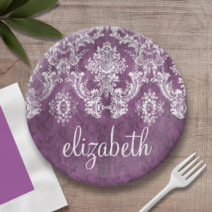 Assiettes En Carton Modèle de Damas de fond de prune pourpre avec nom