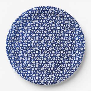 Assiettes En Carton Modèle floral bleu marine et blanc
