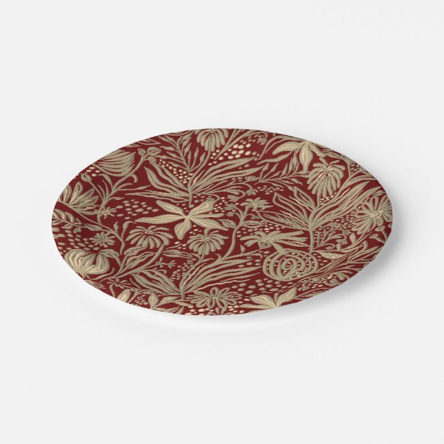 Assiettes En Carton Modèle floral laqué or sur rouge profond (Angle)