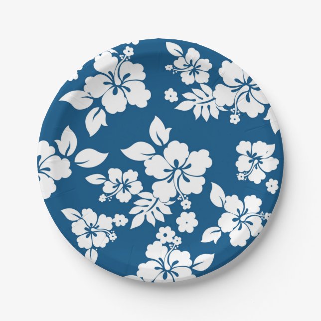 Assiettes En Carton Modèle floral turquoise bleu et blanc Hibiscus (Devant)