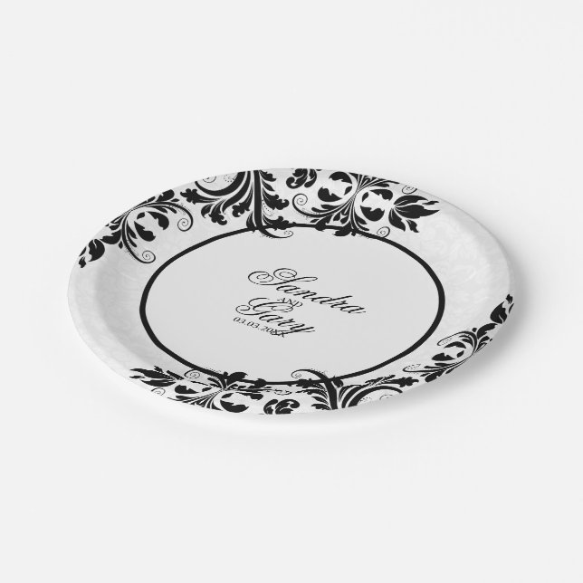 Assiettes En Carton Modèle moderne noir dentelle blanc Damas (Angle)