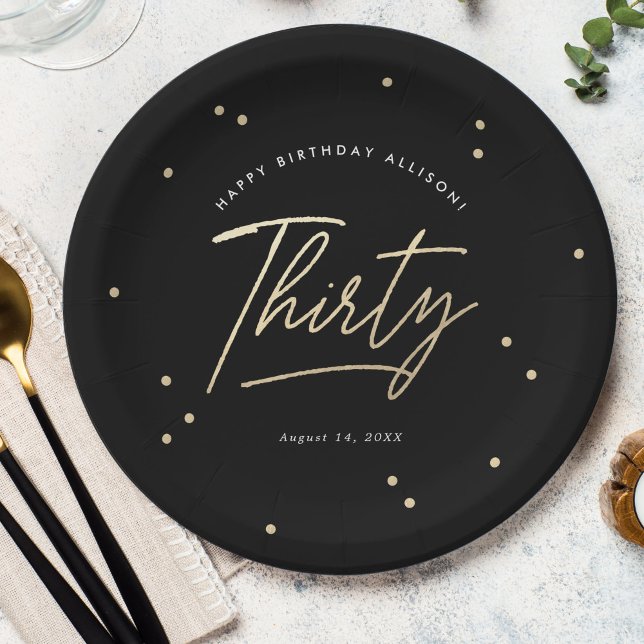 Assiettes En Carton Modern Black Gold Calligraphy 30th Birthday (Créateur téléchargé)