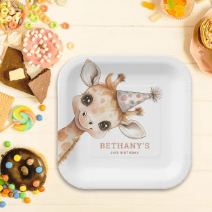 Assiettes En Carton Modern Cute Giraffe Nom 2e fête d'anniversaire