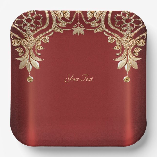 Assiettes En Carton Modern Gold Red Floral Paper Plate (Recto)