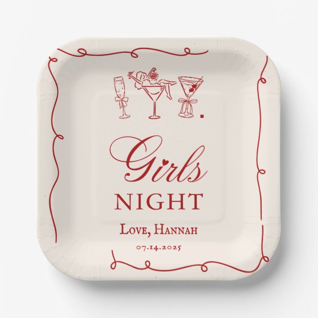 Assiettes En Carton Modern Red Girls Night Dinner Party (Recto)