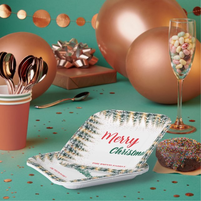 Assiettes En Carton Modern Script Christmas Xmas winter pine tree fore (Multi)