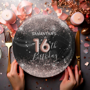 Assiettes En Carton Moderne Anniversaire 16 Ans Rose Pailleté & Noir