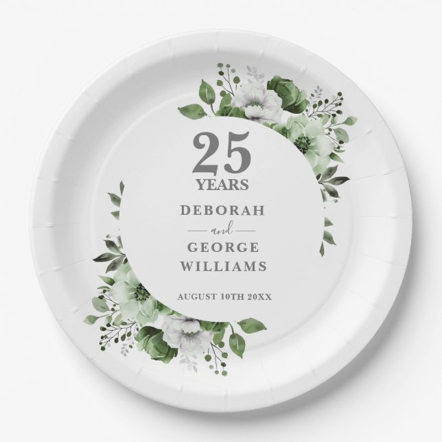 Assiettes En Carton Moderne Argent 25e anniversaire Mariage verdure (Devant)