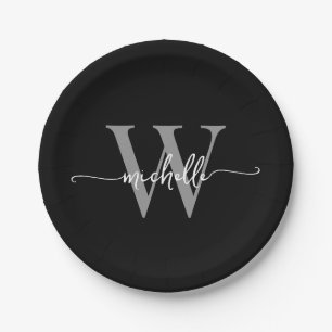 Assiettes En Carton Moderne Black Grey Personnalisé Monogramme Nom Scr