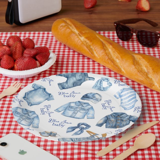 Assiettes En Carton Moderne Bleu Jean Bébé Denim Baby shower à thème (Pique-nique)