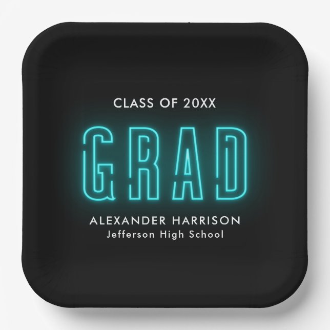 Assiettes En Carton Moderne Cyan Neon Graduation (Recto)