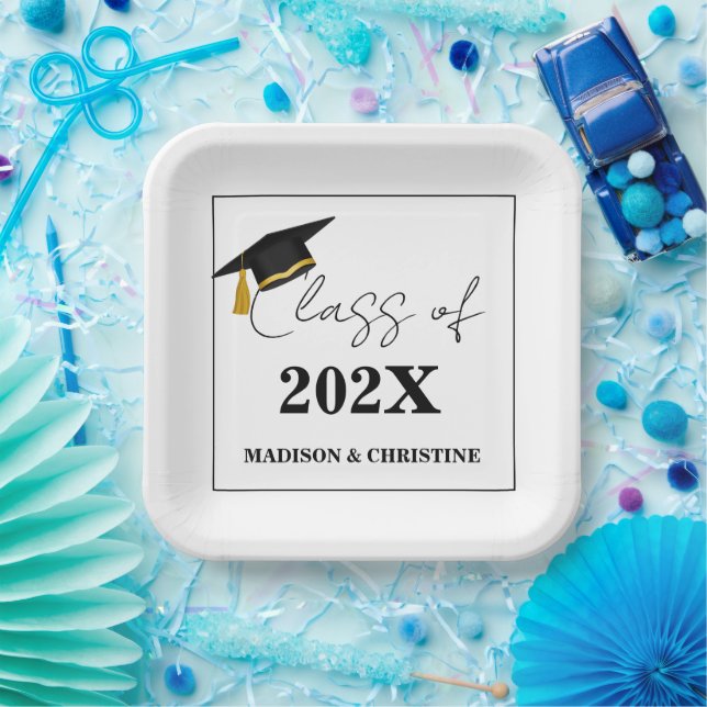 Assiettes En Carton Moderne Décontracté Script Twin Graduation Party (Fête)