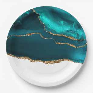 Assiettes En Carton Moderne Design Turquoise & Or Agate sur blanc