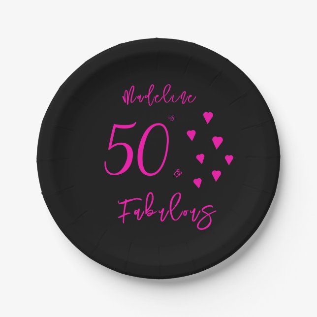 Assiettes En Carton Moderne Elégant Black Hot Pink Coeurs 50e annivers (Devant)