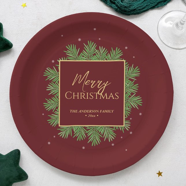 Assiettes En Carton Moderne Elegant Bourgogne Rouge Noël Botanique (Créateur téléchargé)