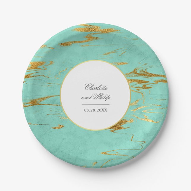 Assiettes En Carton Moderne Elegant Mint et Faux Gold Foil Mariage (Devant)