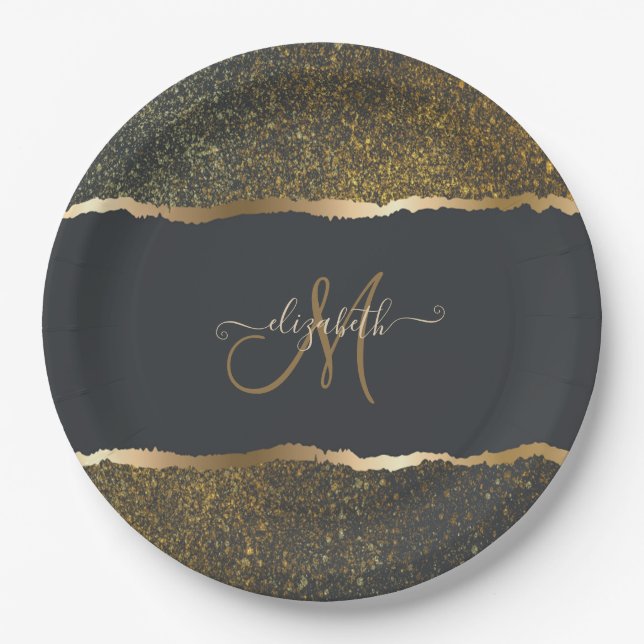 Assiettes En Carton Moderne Élégant Monogramme au Touché d'Or (Devant)