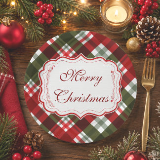 Assiettes En Carton Moderne Joyeux Noël Rouge & Vert Tartan Carreaux