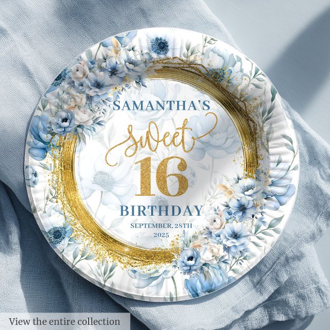 Assiettes En Carton Moderne Pastel Blue Sweet 16 Gold Parties scintill (Modern Pastel Blue Sweet 16 Gold Glitter Party Paper Plates)