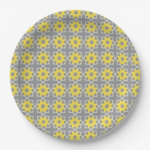 Assiettes En Carton Moderne tendance Gris et Fleurs Jaunes