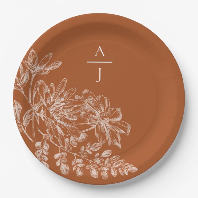 Assiettes En Carton Moderne Terra Cotta Monogramme Floral (Devant)