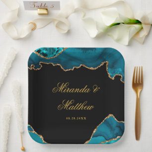 Assiettes En Carton Moderne Turquoise et doré Agate Mariage en pierre