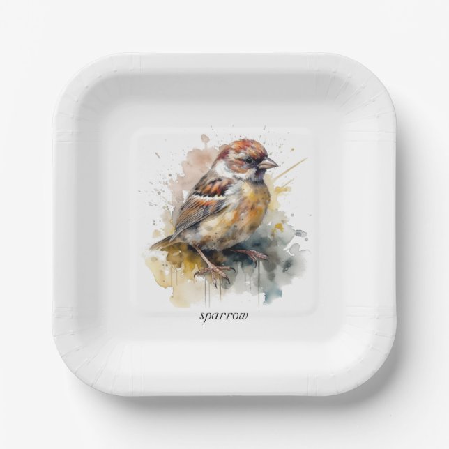 Assiettes En Carton Moineau aquarelle rustique, personnalisé (Recto)