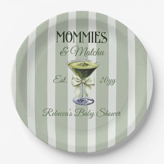 Assiettes En Carton Mommies et Baby shower Matcha Olive Green Bow (Devant)
