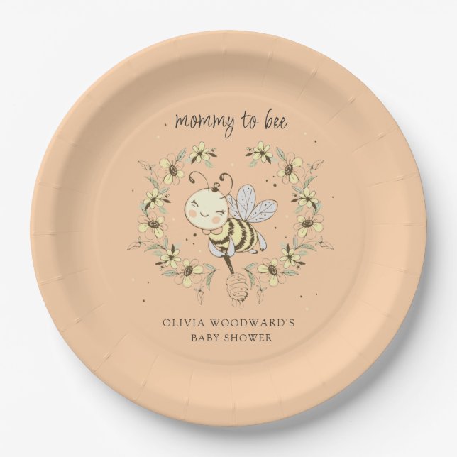 Assiettes En Carton Mommy To Bee Baby Shower Peach  (Devant)