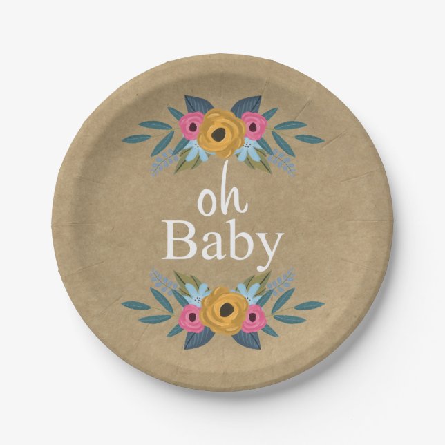 Assiettes En Carton Mon bébé ! Baby shower de couronnes florales Kraft (Devant)