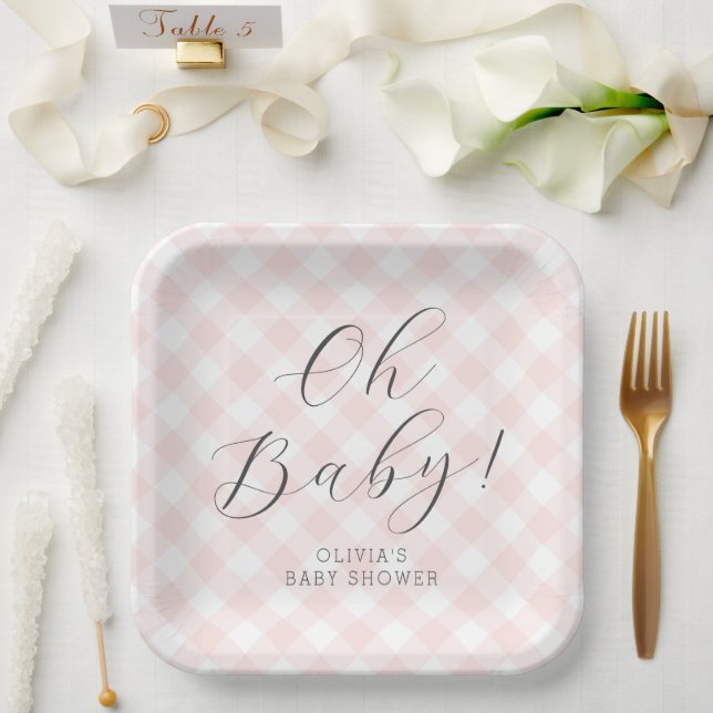 Assiettes En Carton Mon bébé ! Baby shower En vichy rose pâle (Mariage)