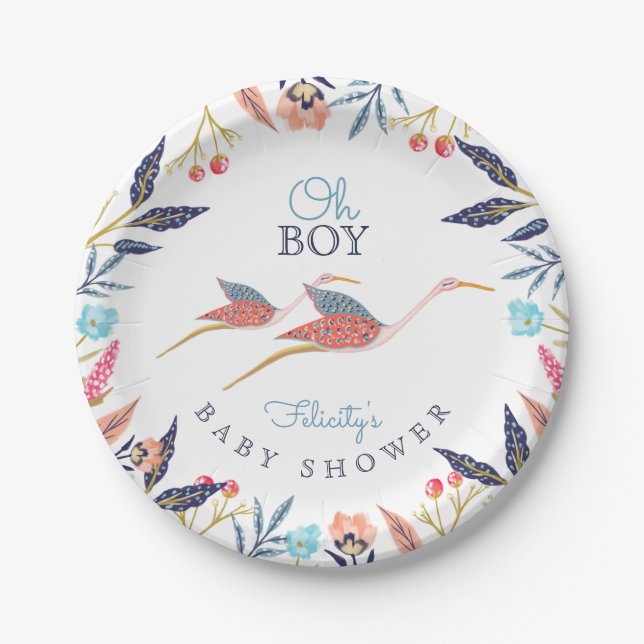 Assiettes En Carton Mon bébé | Chic Baby shower floral de cigogne (Devant)