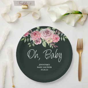 Assiettes En Carton Mon bébé Rose simple Baby shower vert radiant