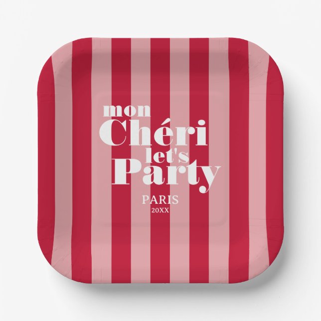 Assiettes En Carton Mon Cherie Faisons la fête Cherry Red Bold Stripe (Recto)