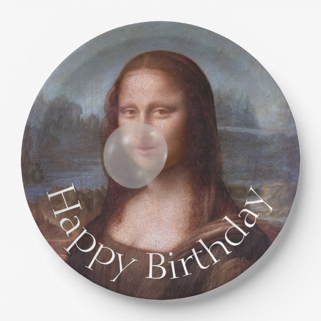 Assiettes En Carton Mona Lisa soufflant la gomme Joyeux anniversaire (Devant)