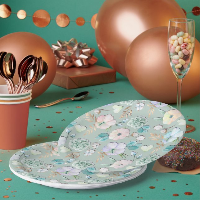 Assiettes En Carton Monnaie d'été Vert or Lialc rose floral (Multi)