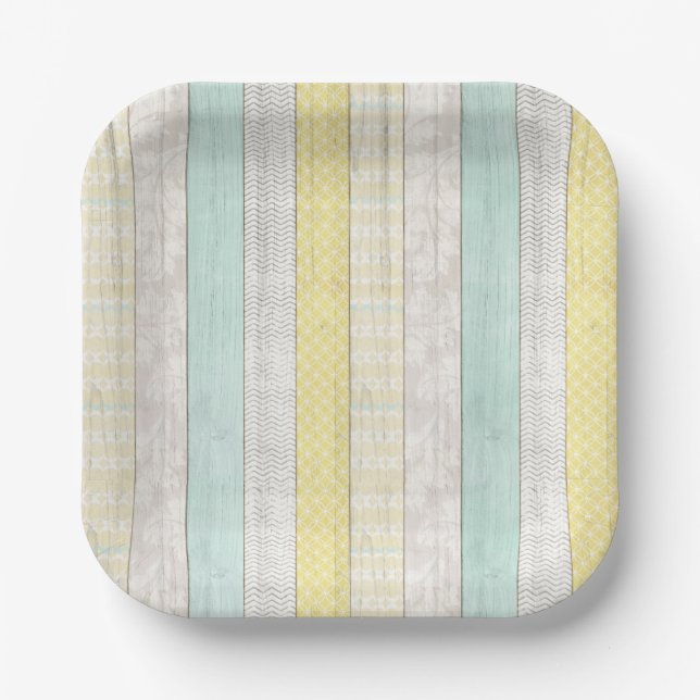 Assiettes En Carton Monnaie et Boho jaune Motif géométrique Bois rusti (Recto)