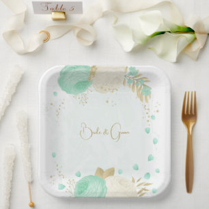 Assiettes En Carton Monnaie romantique vert & fleurs blanches or