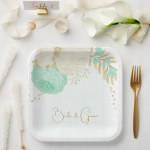 Assiettes En Carton Monnaie romantique vert & fleurs blanches papier o